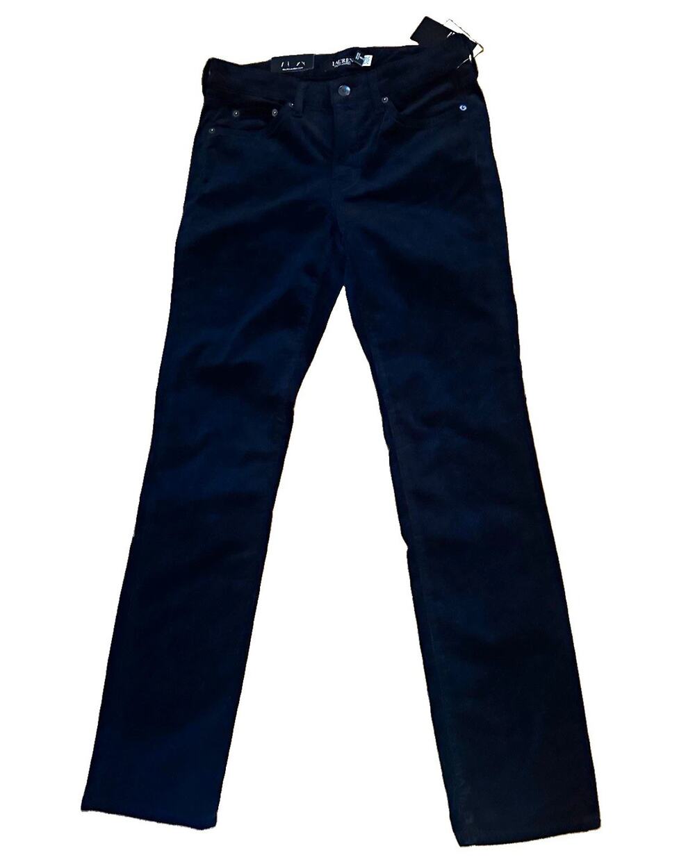 Ralph Lauren Black Corduroy Straight Leg Pants 27W Mid Rise Logo Pockets